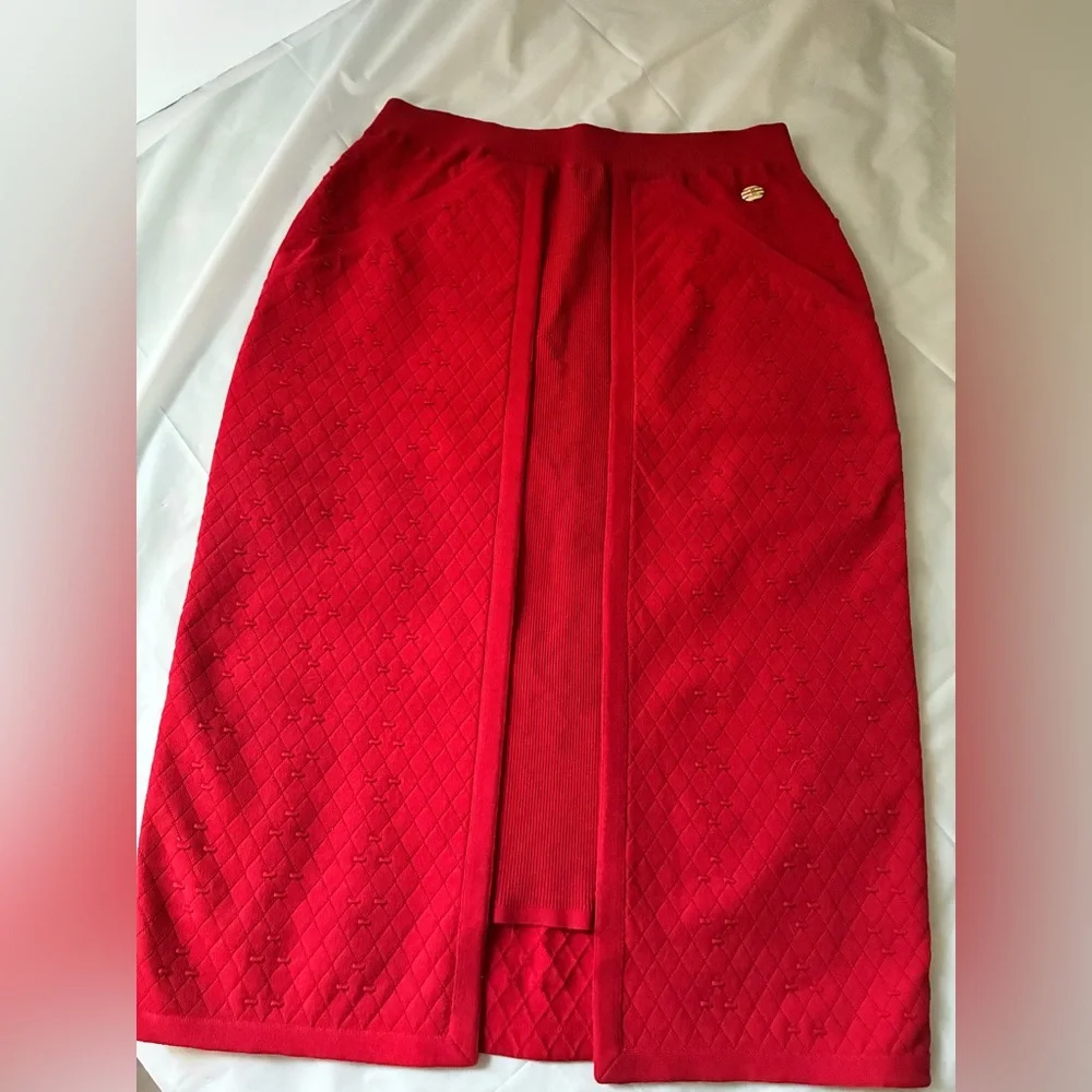 CHANEL 2014 Spring Red Textured Knit 2-Piece Skirt Suit Set